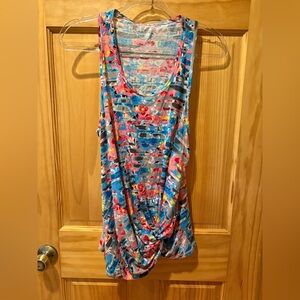 Anne Klein tank top with abstract print scoop neck twisted knot front hem size L